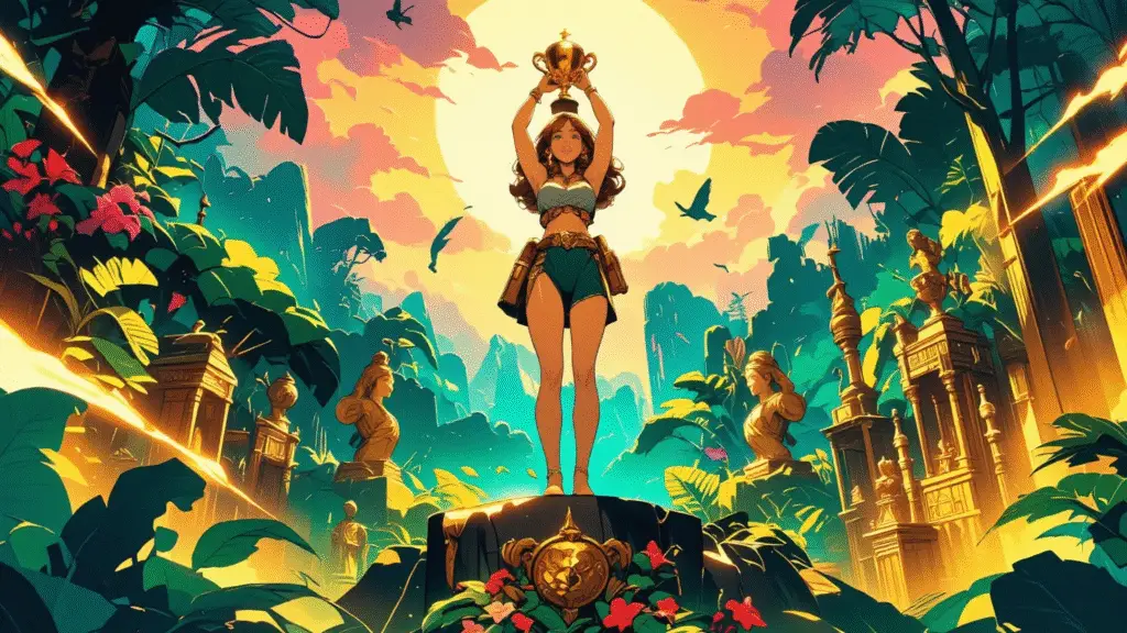 Illustration cartoon d'une femme victorieuse tenant une coupe dorée sur un podium au cœur d'une jungle tropicale Eldorado avec ruines et statues