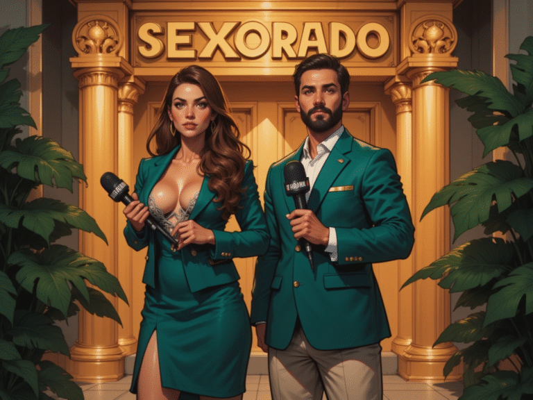 Deux journalistes d'un blog sexe porno sexy-chic, magazine porno devant un bâtiment doré « SEXORADO NEWS »,