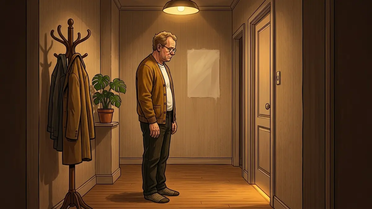 Illustration : un homme en cardigan attend debout en chaussettes dans un couloir d'appartement, face à une porte fermée sous laquelle filtre un rai de lumière