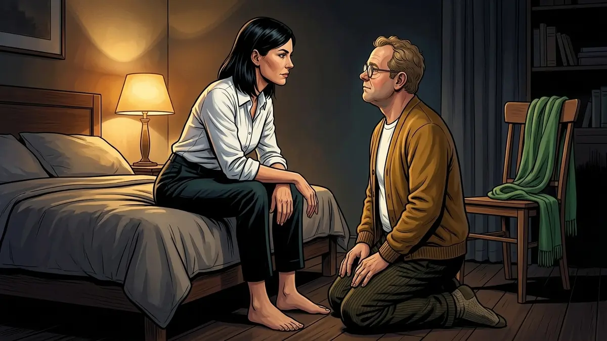 Illustration : dans la chambre, une femme en chemise blanche assise au bord du lit observe calmement un homme agenouillé face à elle, une écharpe posée sur le dossier d'une chaise