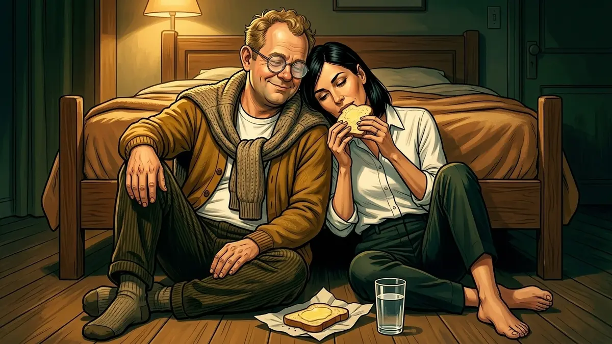Illustration : un couple assis par terre adossé au lit partage des tartines beurrées sur un papier, elle appuie la joue contre son épaule