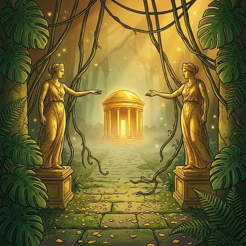 Sentier de jungle rouvert entre deux statues dorées menant à un temple — raviver le désir dans son couple, pas à pas