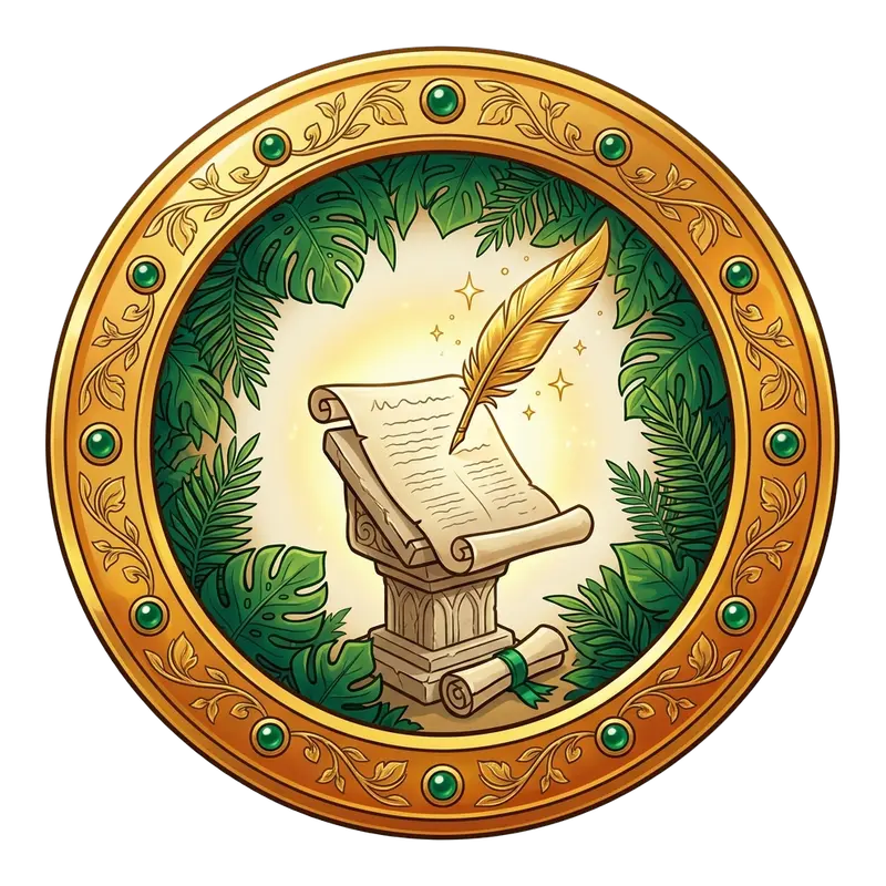 Médaillon doré : plume d'or et gazette sur un lutrin dans la jungle — blog sexe, actus et tendances du X