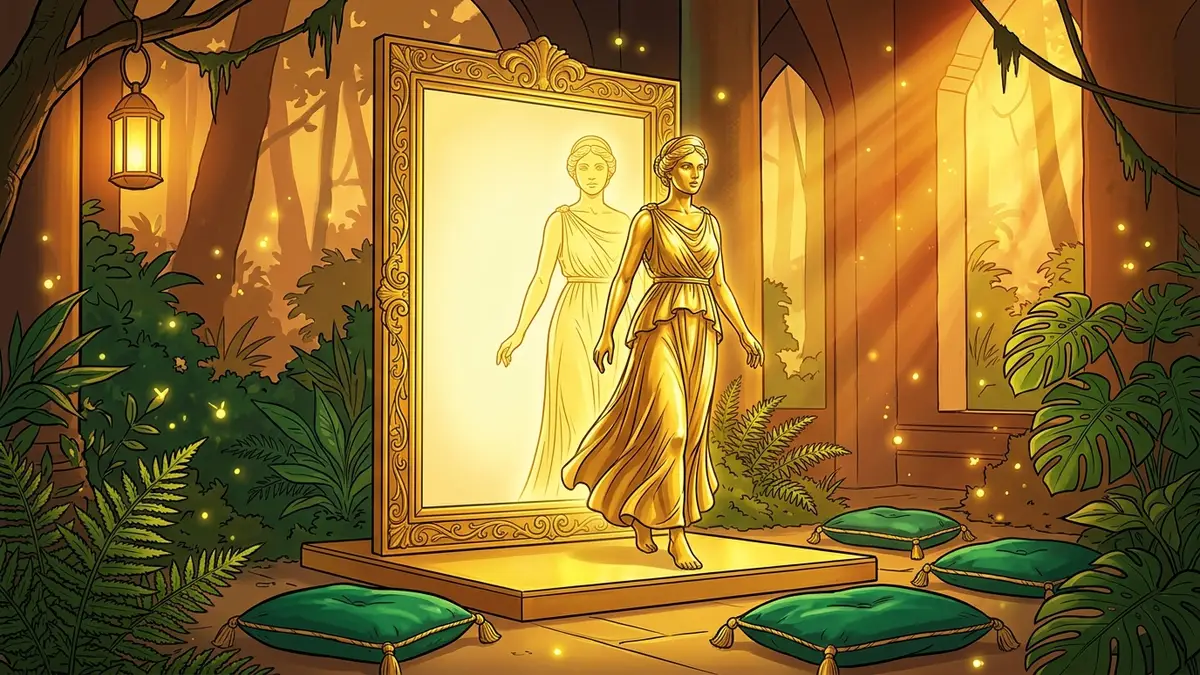 Statue dorée émergeant d'un cadre de lumière sur une scène de temple — l'avatar virtuel qui prend vie