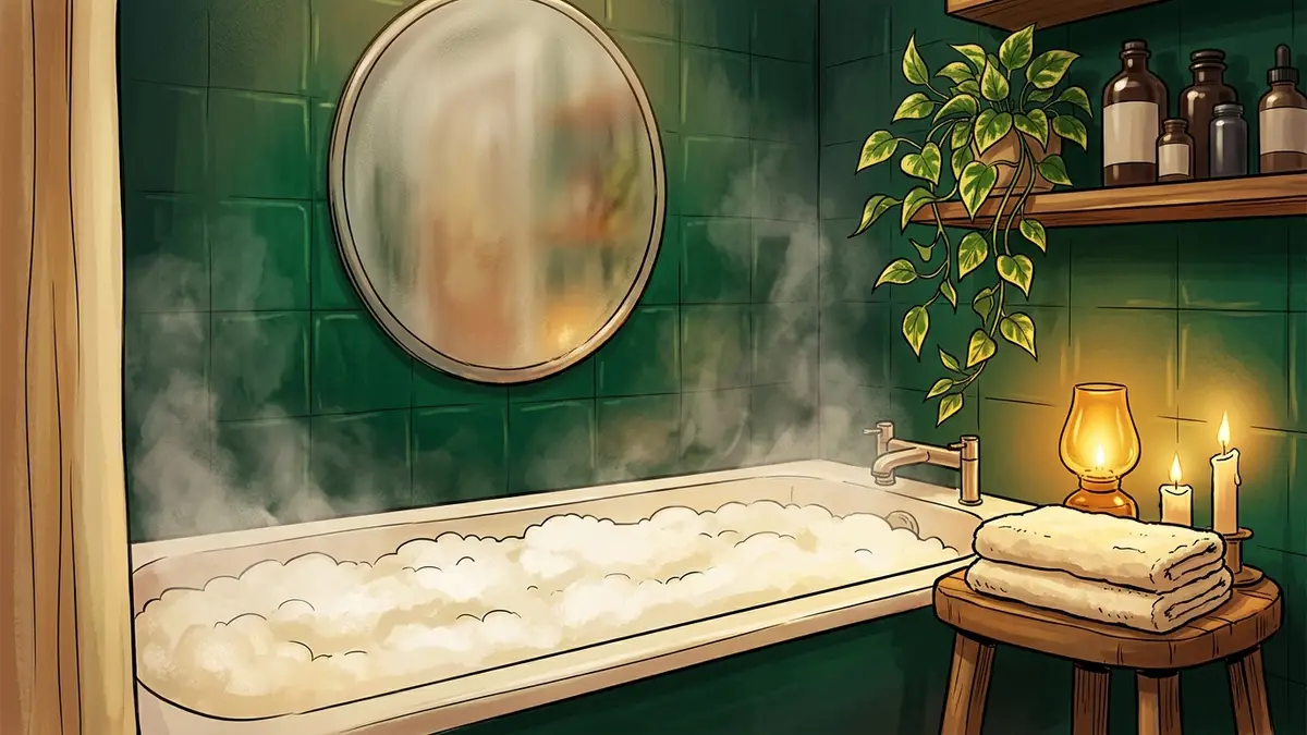 Illustration : une salle de bain au carrelage émeraude embué, baignoire couronnée de mousse, deux serviettes pliées sur un tabouret, bougies allumées — personne dans la pièce