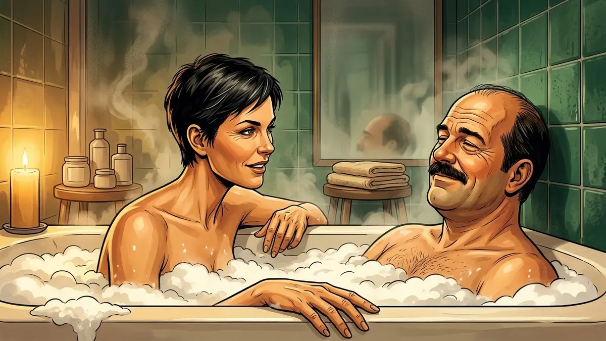 Illustration : dans la baignoire, un couple face à face émergeant de la mousse aux épaules, elle raconte à voix basse, il écoute tête renversée, souriant sous la moustache