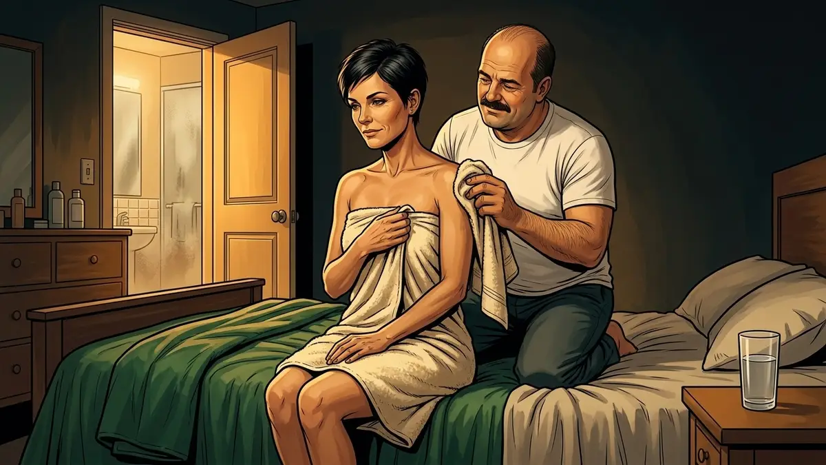 Illustration : enveloppée dans une grande serviette au bord du lit, une femme se fait sécher le dos et les épaules par son compagnon, dans la lumière du couloir