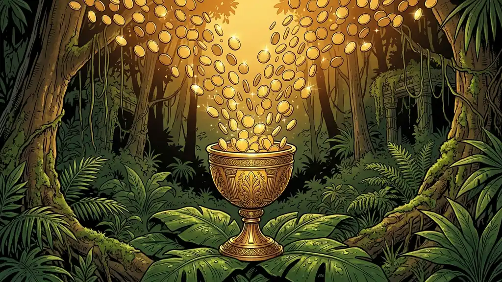 Tokens Chaturbate : jetons dorés et coupe antique, allégorie des pourboires — illustration Sexorado