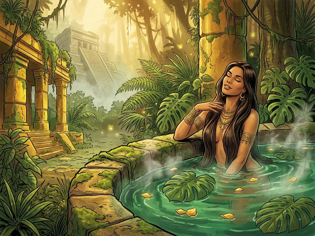 Femme détendue dans un bassin doré de la jungle — explorer son plaisir solo et sa vie sexuelle