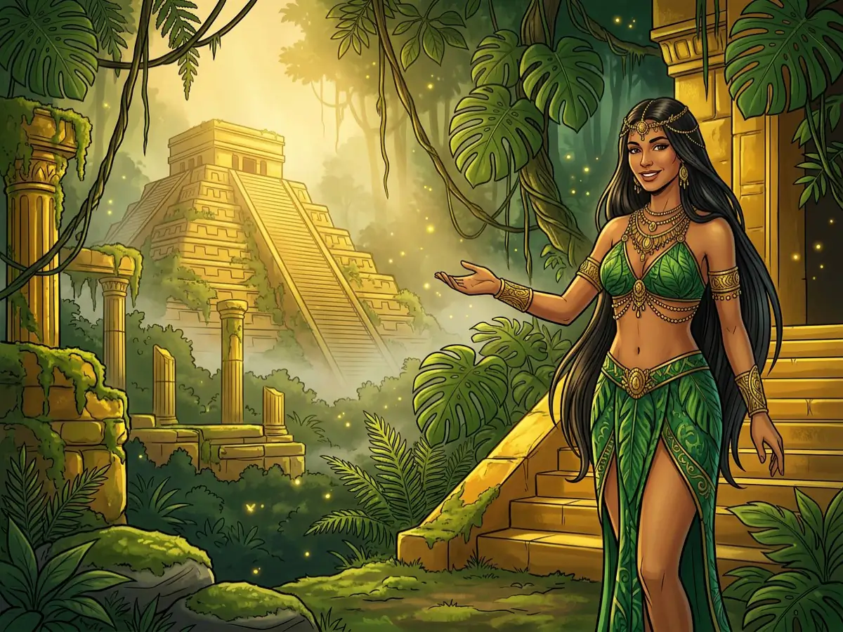 Prêtresse guide devant la pyramide d'or de la jungle — conseils sexo pour une sexualité épanouie