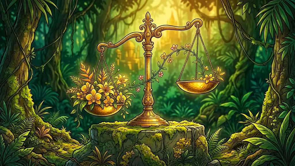 Balance dorée aux plateaux inégaux reliés par une guirlande — négocier un écart de désir sans perdant