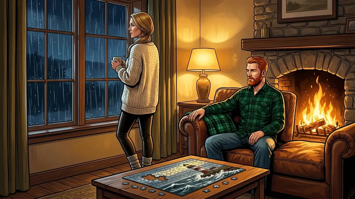 Illustration : dans le salon d'une maison de vacances, une femme regarde la pluie à la fenêtre, un homme assis près de la cheminée, un puzzle de phare étalé sur la table basse