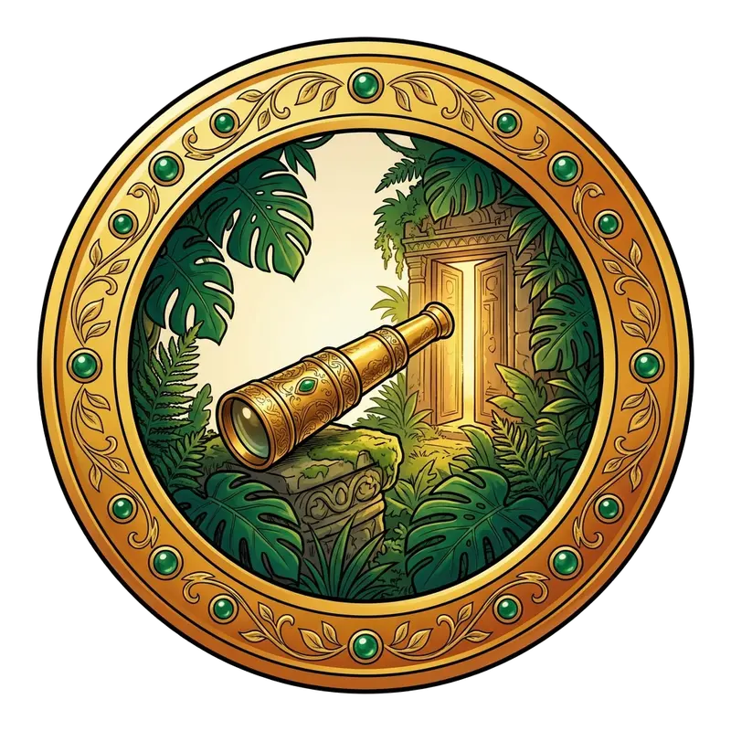 Médaillon doré : longue-vue dorée devant une porte de temple en jungle — découvrir corps, fantasmes et pratiques