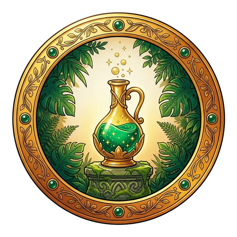 Médaillon doré : fiole d'élixir vert sur un socle moussu de jungle — tester de nouvelles expériences intimes