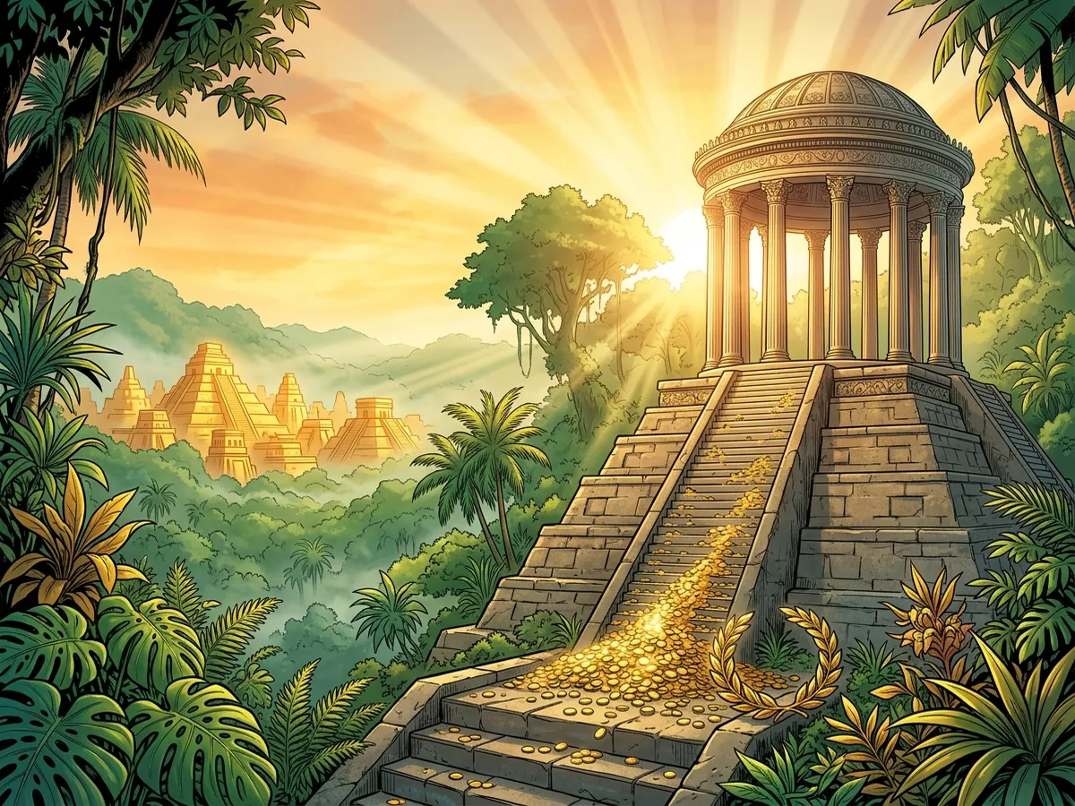 Temple d'or gréco-romain surgissant de la jungle au lever du soleil, pièces d'or sur les marches — histoire OnlyFans
