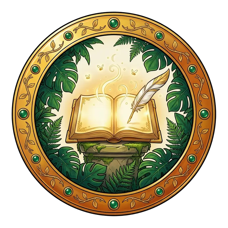 Médaillon doré : livre ouvert lumineux et plume sur une colonne dans la jungle — histoires érotiques et romans adultes