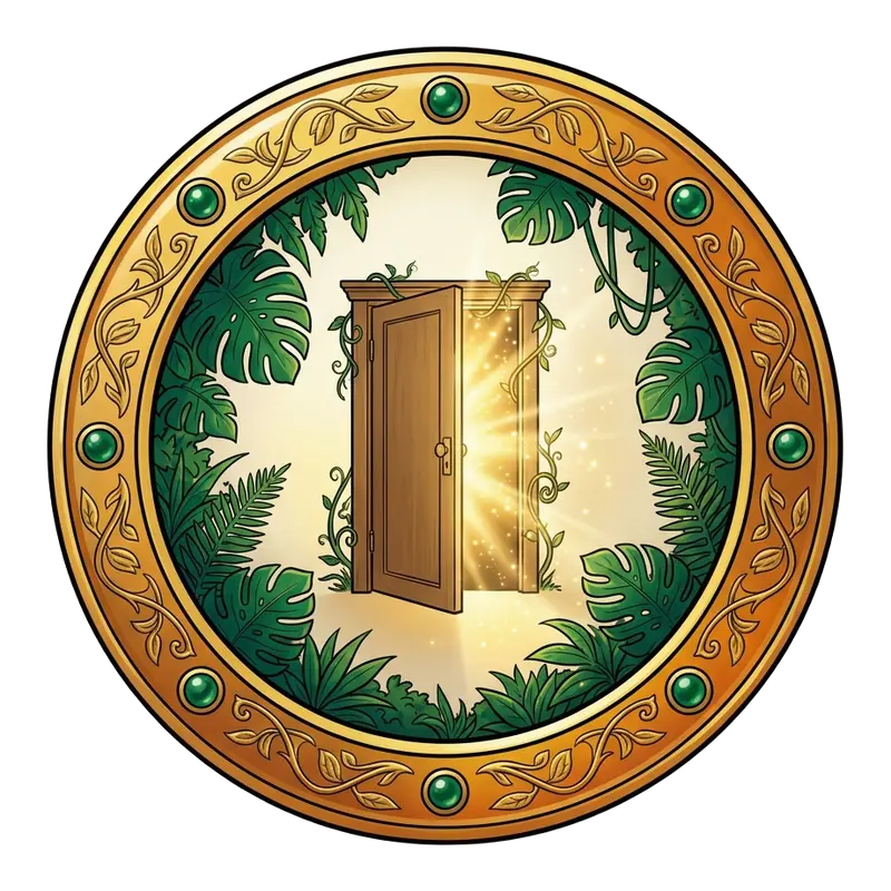 Médaillon doré : porte du quotidien entrouverte sur une lumière éclatante, jungle — fantasmes du quotidien
