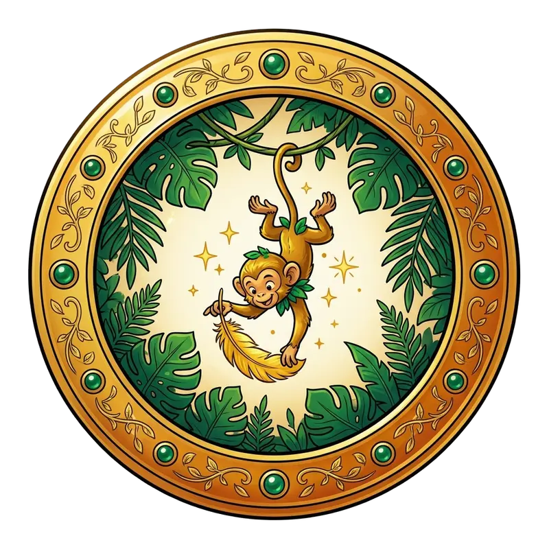 Médaillon doré : singe espiègle suspendu à une liane, plume dorée en main — histoires érotiques pleines d'humour