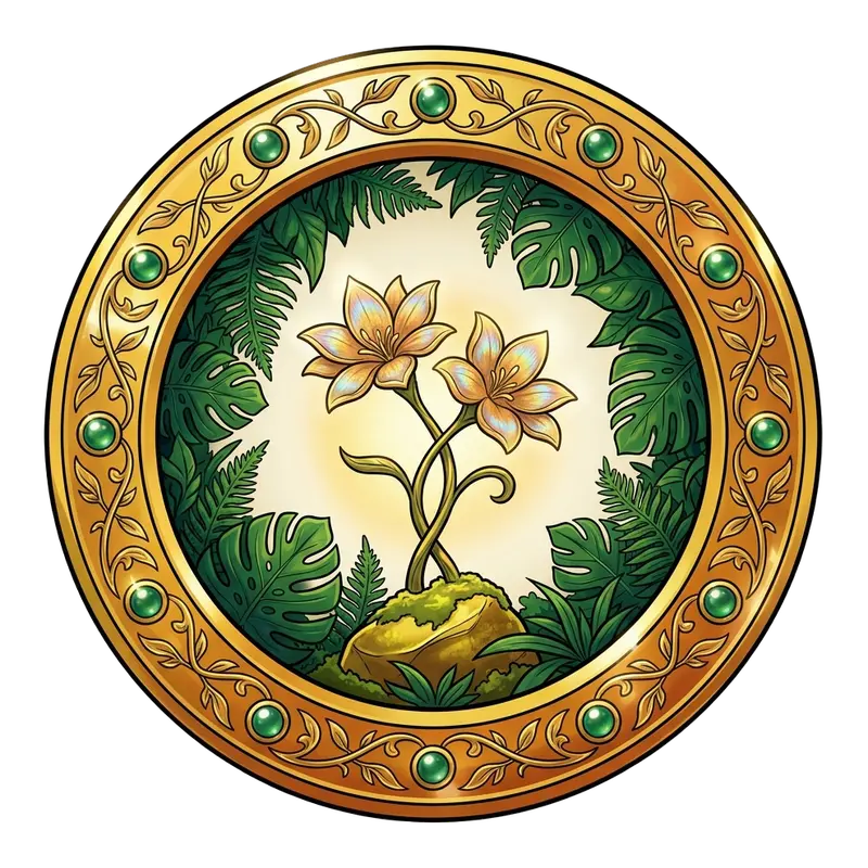 Médaillon doré : deux fleurs irisées aux tiges entrelacées dans la jungle — histoires érotiques queer