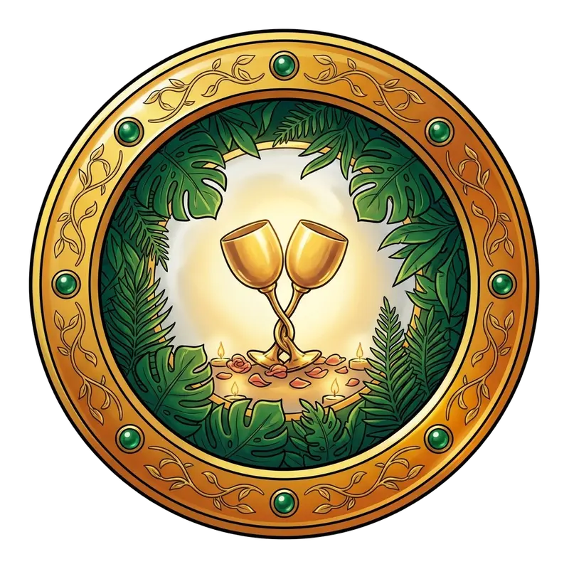 Médaillon doré : deux coupes enlacées, pétales de rose et bougies dans la jungle — histoires érotiques romantiques
