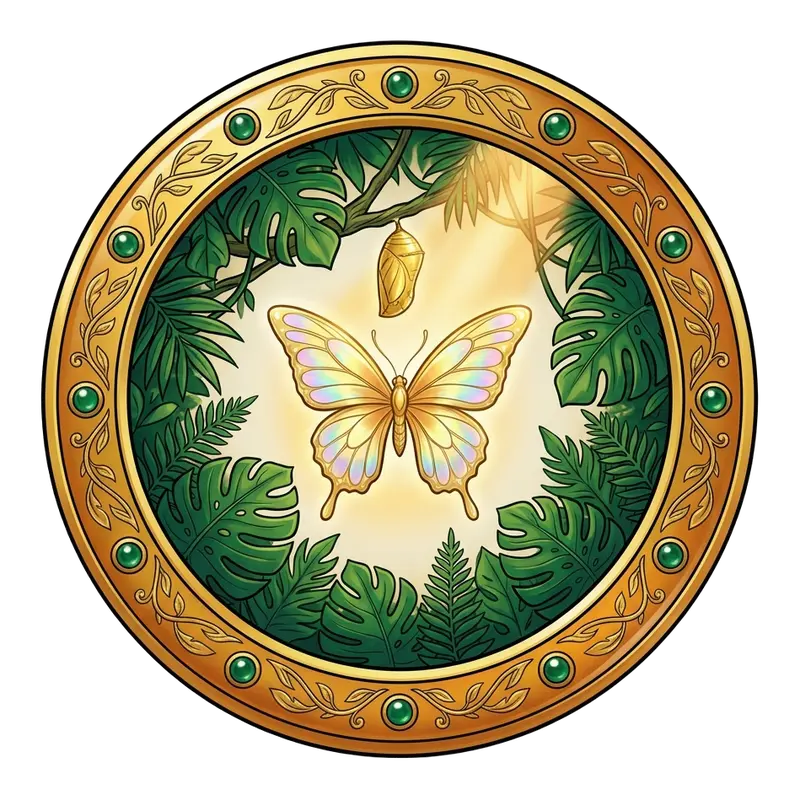 Médaillon doré : papillon irisé et chrysalide d'or dans la jungle — histoires érotiques trans & diversité
