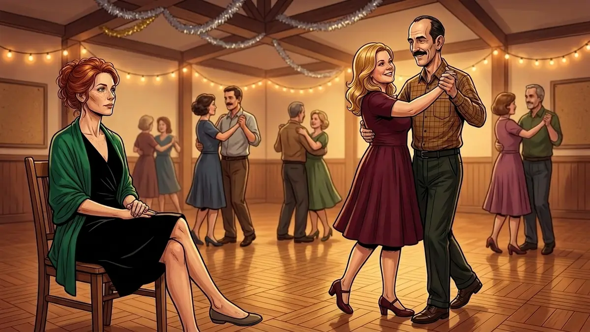 Illustration : dans une salle municipale sous des guirlandes restées de Noël, une femme assise en bordure de piste regarde un homme moustachu danser en position fermée avec sa cavalière
