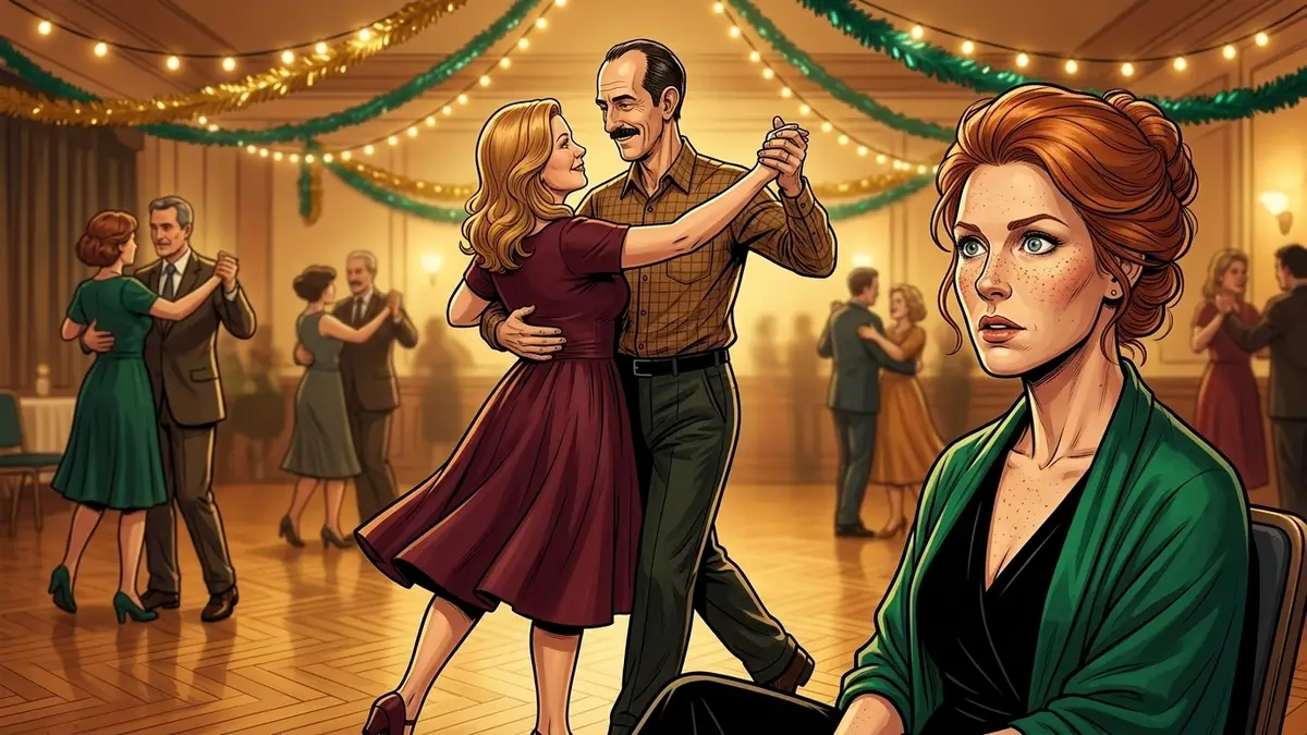 Illustration : un couple de danseurs en pleine rotation, la main de l'homme se posant à la taille de sa cavalière, observé au premier plan par une femme rousse captivée