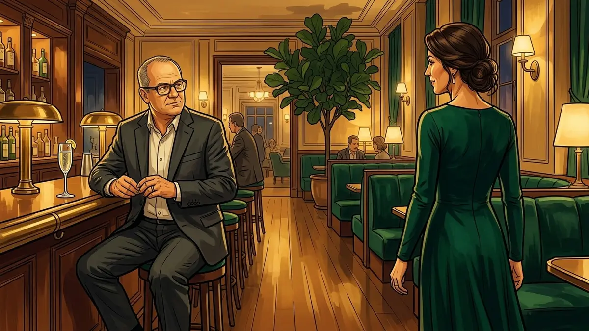 Illustration : dans le bar d'un hôtel, un homme assis au comptoir lève les yeux vers une femme en robe du soir verte qui traverse la salle vers lui