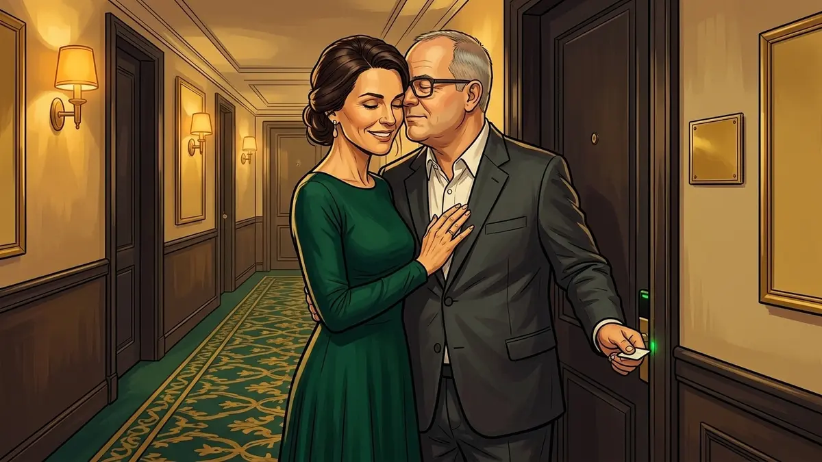 Illustration : un couple habillé s'arrête devant la porte d'une chambre d'hôtel, la carte magnétique encore à la main, lui parlant tout bas contre sa tempe