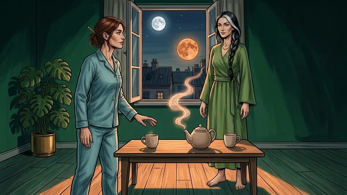 Illustration : dans un salon de nuit aux murs émeraude, deux femmes de part et d'autre d'une table basse où fument une théière et deux tasses, la main de l'une suspendue au-dessus d'une tasse, et par la fenêtre ouverte deux lunes dans le même ciel — l'une blanche, l'autre cuivrée