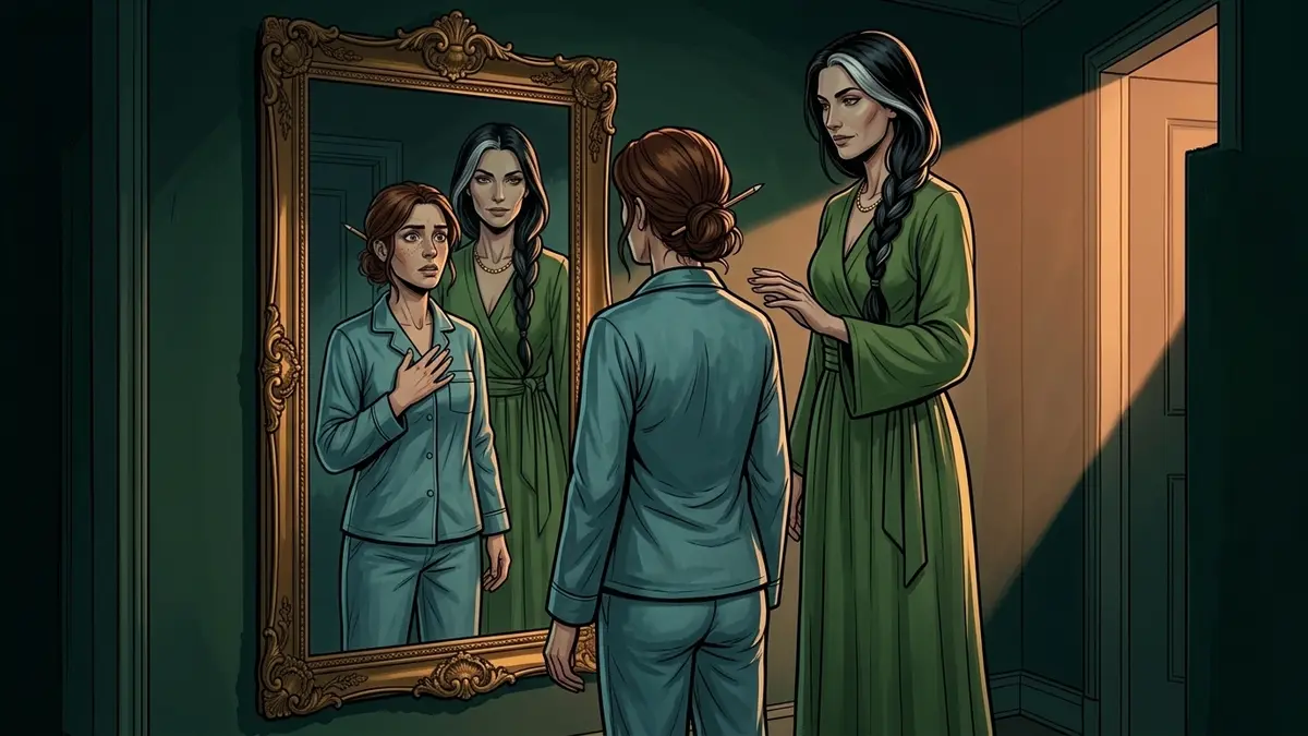 Illustration : dans un couloir sombre baigné d'une lumière cuivrée, une femme en pyjama face à un grand miroir doré, une femme plus grande derrière elle la main suspendue près de son épaule sans la toucher, leurs regards qui se croisent dans le reflet