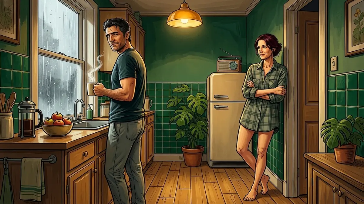 Illustration : une femme en chemise à carreaux trop grande, adossée à la porte d'une cuisine, regarde son compagnon qui se retourne près de la fenêtre sous la pluie