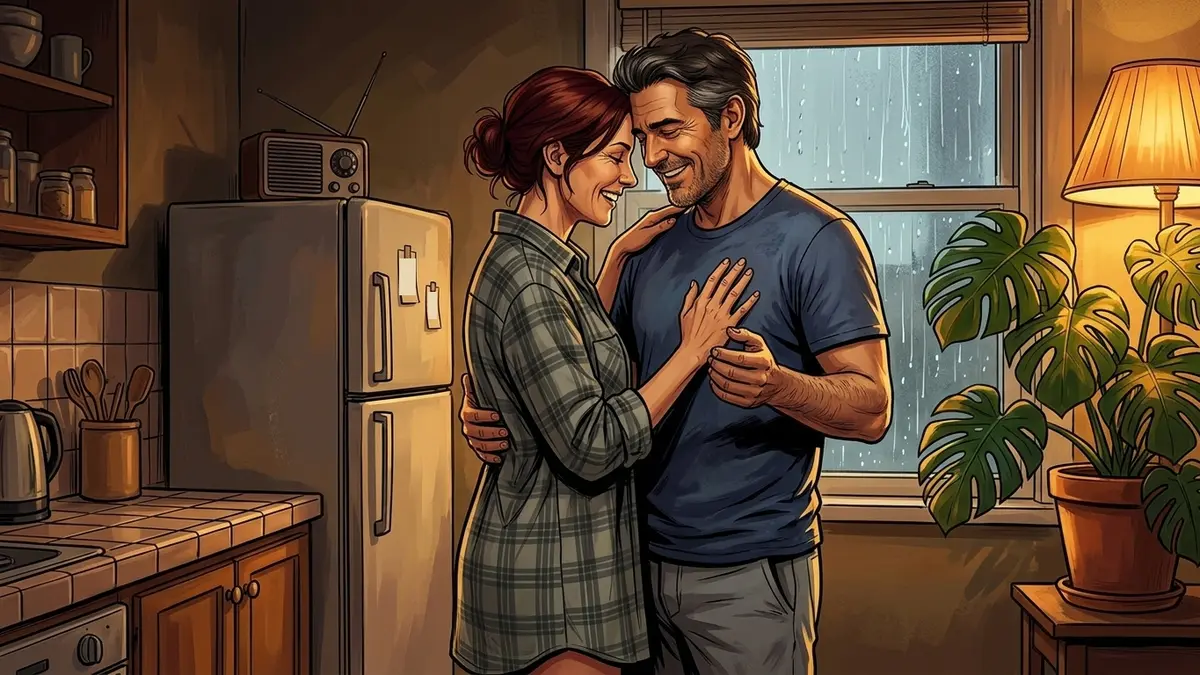 Illustration : un couple danse lentement dans sa cuisine, front contre tempe, les pieds nus de l'une sur ceux de l'autre, un poste de radio sur le frigo