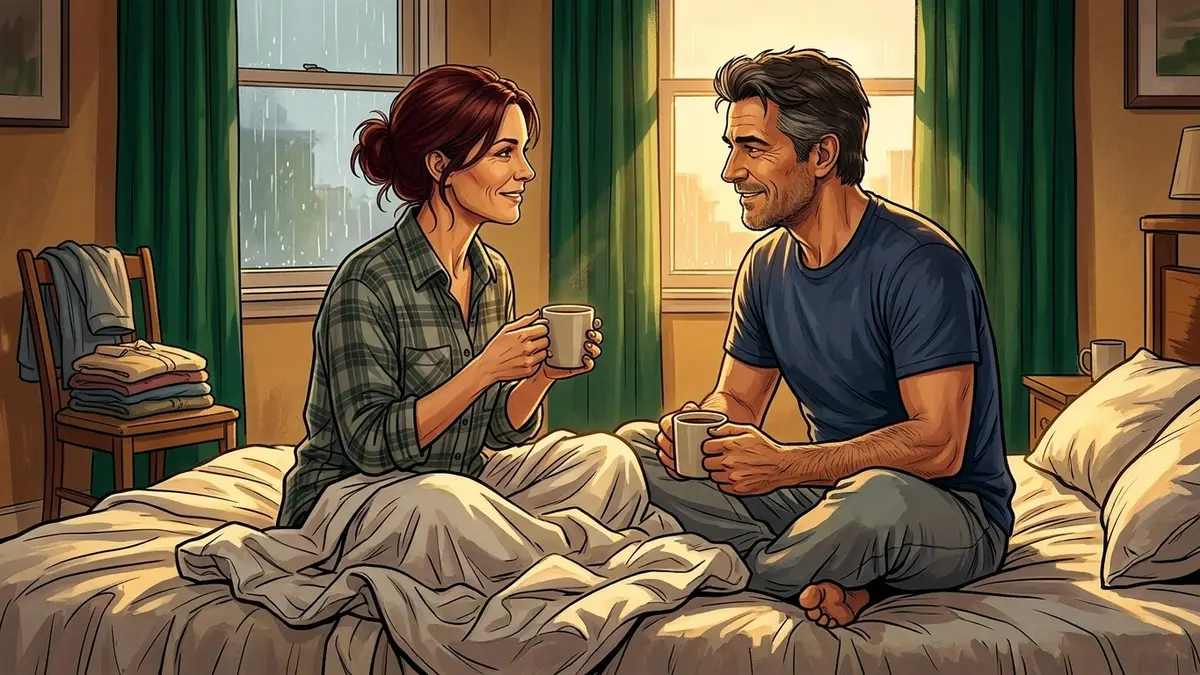 Illustration : un couple assis en tailleur face à face sur un lit défait, une tasse de café dans les mains, dans la lumière dorée de fin d'après-midi