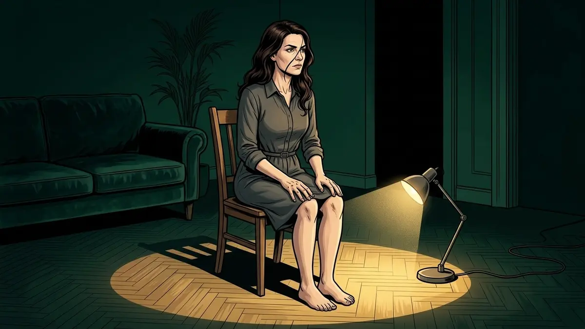 Illustration : une femme assise très droite sur une chaise seule au milieu d'un salon nocturne, dans le rond de lumière d'une lampe de bureau posée au sol, le regard tourné vers l'entrée sombre