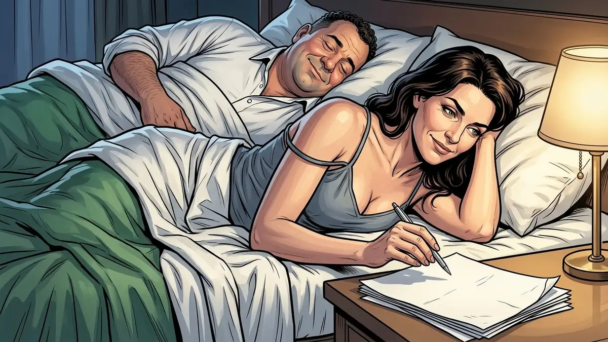 Illustration : dans la chambre, une femme accoudée au lit tient un stylo suspendu au-dessus d'une liasse de feuilles froissées vierges posée sur la table de nuit, l'homme endormi souriant à côté d'elle