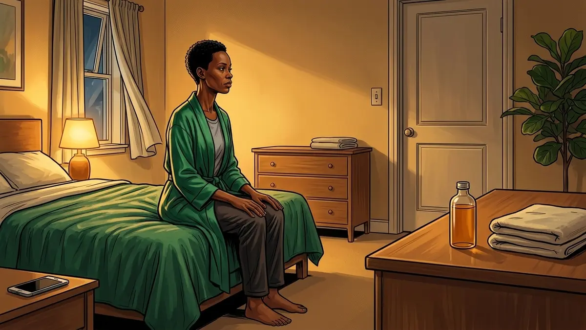 Illustration : une femme en peignoir émeraude attend assise au bord d'un lit fait, mains posées sur les genoux, dans la lumière basse d'une chambre à la fenêtre entrouverte
