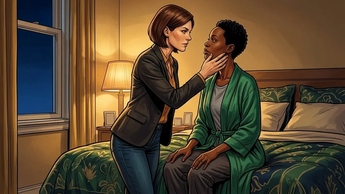 Illustration : debout devant sa compagne assise au bord du lit, une femme en blazer lui relève doucement le visage d'une main posée le long de la mâchoire