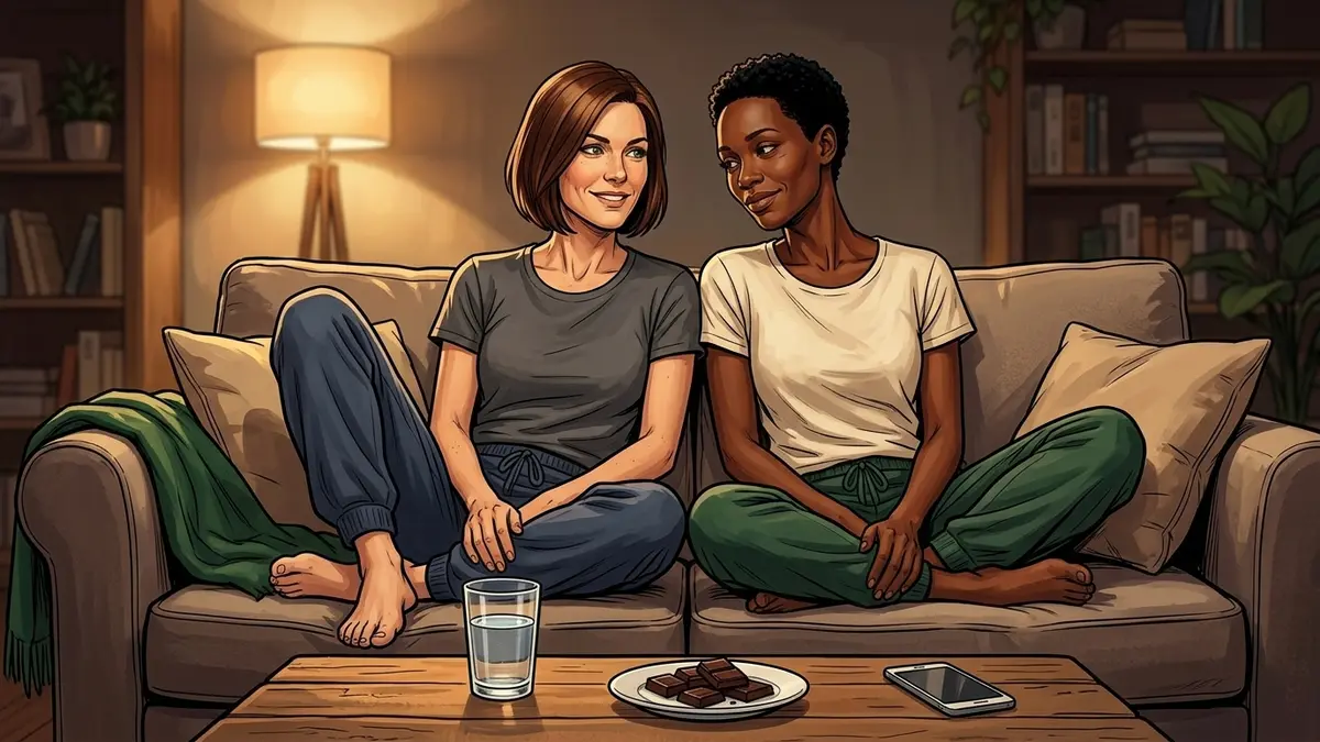 Illustration : deux femmes assises épaule contre épaule sur un canapé, pieds nus repliés, un verre d'eau et des carrés de chocolat sur la table basse
