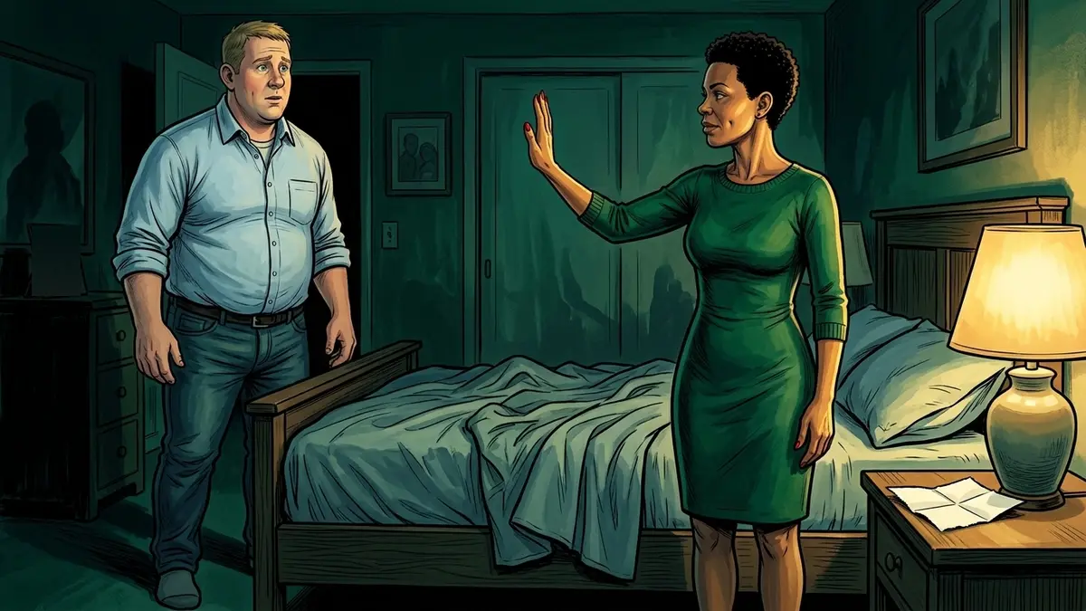 Illustration : dans la chambre, une femme lève la paume en un geste d'arrêt silencieux vers un homme immobilisé à deux pas au pied du lit, la lampe de chevet pour seule lumière, un coin de nappe plié posé près de la lampe
