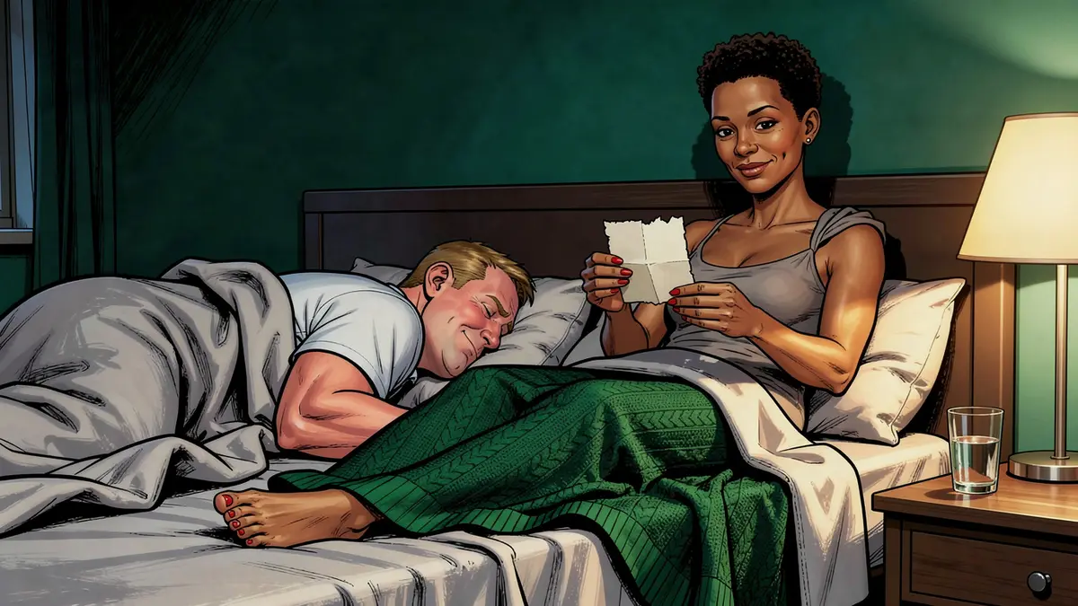 Illustration : assise dans le lit à la lumière de la lampe, une femme replie un coin de nappe en papier vierge, vernis écaillé, l'homme endormi couvert à côté d'elle, sa robe émeraude posée au pied du lit