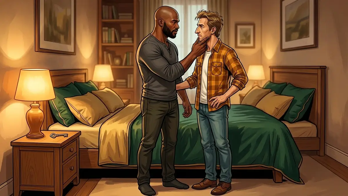 Illustration : debout près du lit, un homme tient doucement le visage de son compagnon d'une main et cherche son regard pour poser la question une deuxième fois