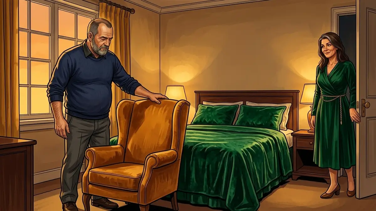 Illustration : un homme ajuste l'angle d'un fauteuil de velours ambre tourné vers le lit, tandis que sa femme l'observe depuis le seuil de la chambre, souriante