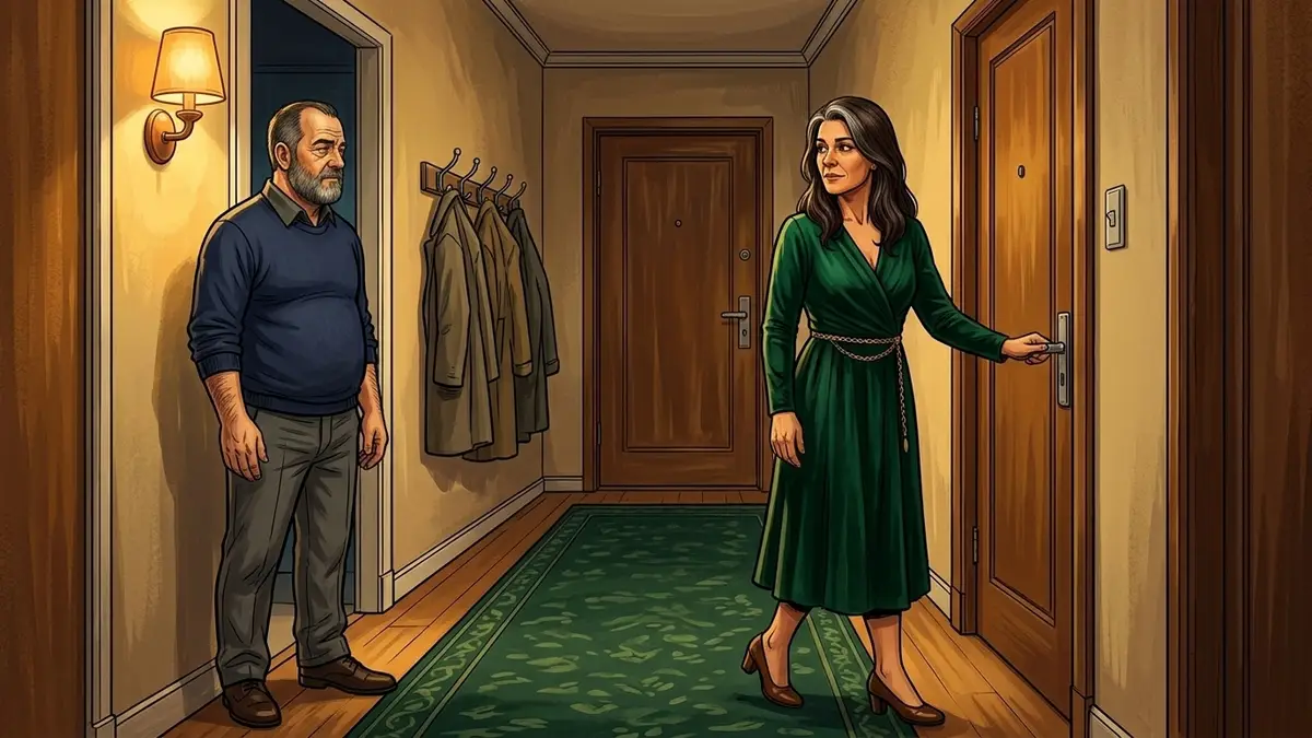 Illustration : dans le couloir de l'appartement, une femme en robe émeraude, la main sur la poignée de la porte d'entrée, se retourne vers son mari qui lui répond d'un signe de tête