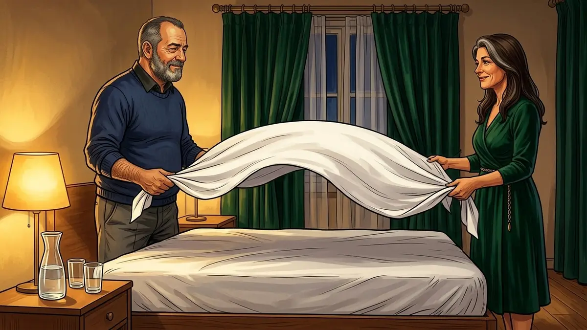 Illustration : un couple tend ensemble un drap blanc au-dessus du lit, le drap gonflé entre eux, une carafe d'eau et deux verres sur la table de chevet