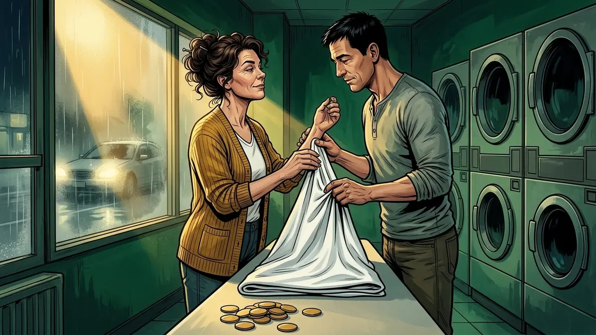 Illustration : au-dessus d'un drap plié à quatre mains, un homme effleure le poignet d'une femme, tous deux figés dans la lumière des phares qui balaient la vitrine de la laverie