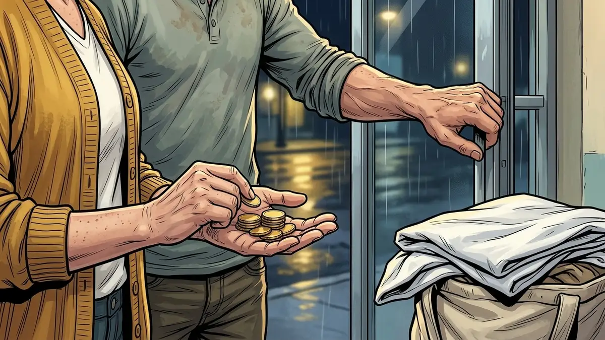 Illustration : gros plan sur une paume ouverte où un pouce compte une petite pile de pièces dorées, un drap replié de travers sur un sac de linge, la rue mouillée au-delà de la porte