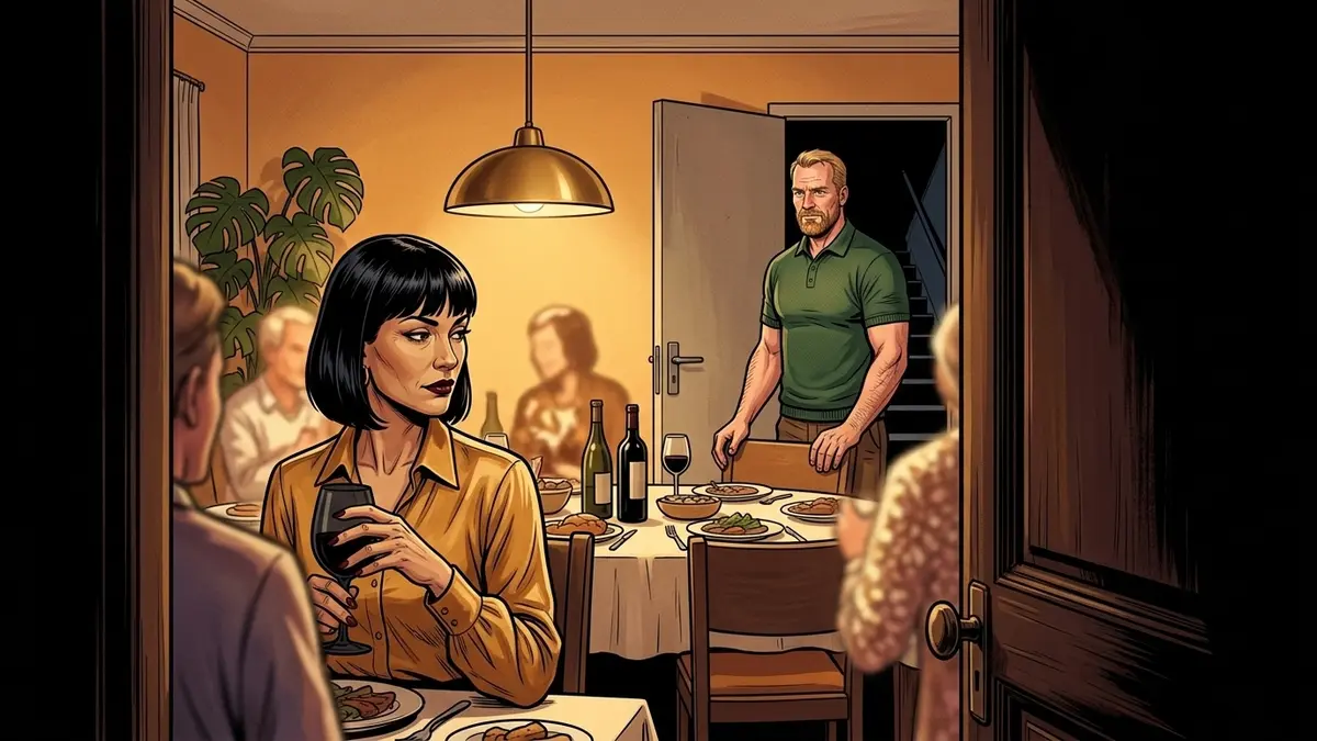 Illustration : une crémaillère vue depuis un couloir sombre — une femme au premier plan détourne les yeux de l'homme debout de l'autre côté de la table, une porte de service entrouverte sur un escalier noir au fond