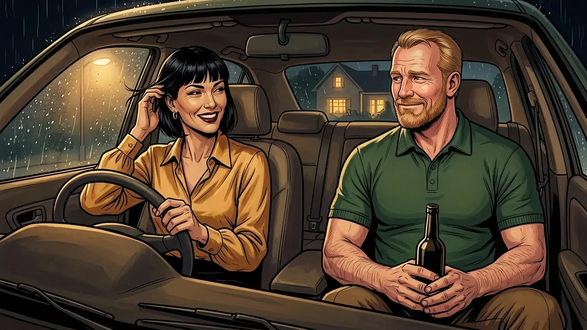 Illustration : dans une voiture garée de nuit, une femme au volant rit en recoiffant une mèche pendant que l'homme à côté d'elle tient très sérieusement une bouteille entre ses genoux, la maison éclairée de la fête derrière eux