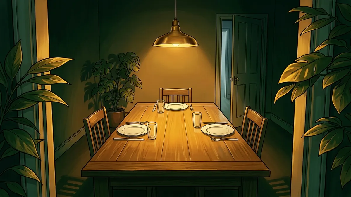 Illustration : une table de cuisine en chêne dressée pour trois sous une suspension à la lumière chaude, deux couverts face à face et une assiette vide en bout de table, feuillages stylisés or et vert en encadrement